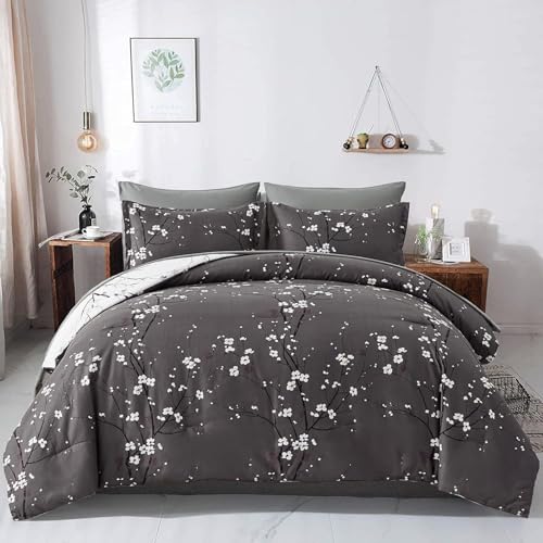 WONGS BEDDING 7 Pieces Bed in a Bag King, Floral Reversible Comforter Set Flower Plum Bedding Set King Size（1 Comforter,2 Pillowcase,2 Pillow Shams,1 Flat Sheet,1 Fitted Sheet） WONGS BEDDING