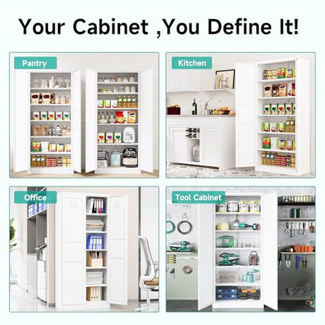 Pantry Cabinet,White Pantry Storage Cabinet,Metal Storage Cabinet with Doors and Shelves,Ventilated Tall Cupboard,Pantries,71"H Food Pantry Cabinet for Kitchen,Home,Office,Dining Room,Living Room SISESOL