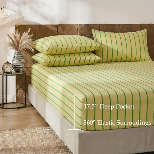 Merryword 100% Cotton Sheet Set Queen Size, Khaki & Green Stripes Bedding, Soft Breathable Percale Weave, Modern Minimalist, Luxury Linen Like, Deep Pocket Fitted Sheet 17.5" Merryword