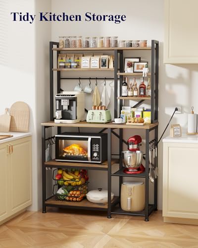 Kitsure Baker's Rack with Power Outlet - Storage Rack with Kitchen Shelves and 12 Hooks, Versatile Coffee Bar and Microwave Stand for Appliances, Pantry, Home Organization,Brown, 38.0" x 15.5" x 67.0"
