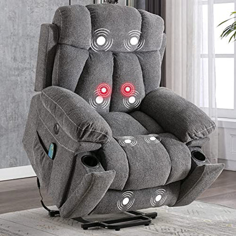 CANMOV Large Power Lift Recliner Chairs with Massage and Heat for Elderly Big People, Heavy Duty Motion Reclining Mechanism-Anti Skid Fabric Recliner Chair with 2 Concealed Cup Holders,Dark Gray CANMOV