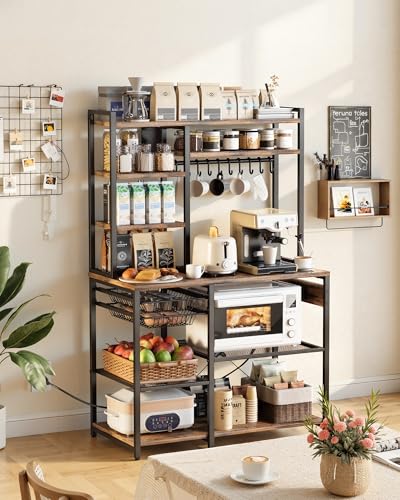 VEVOR Kitchen Bakers Rack with Power Outlets, 35.4x15.7x70.9 Inch Microwave Stand with Built-in Power Strip & 5 Ft Cord, 10 S-Shaped Hooks, for Dish Storage, Spice Jars, Coffee Bar Organization