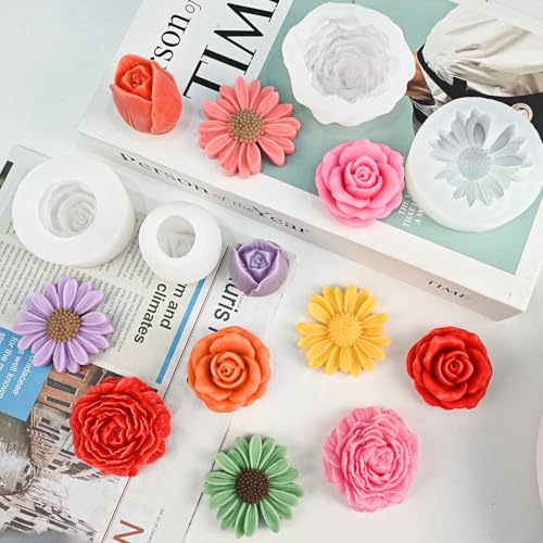 4 Pcs Flower Silicone Molds Set, 3D Floral Silicone Molds Daisy, Peony, Rose, Tulips, Easy Release, Ideal for DIY Candles, Soap, Epoxy Resin Casting Mom Gifts