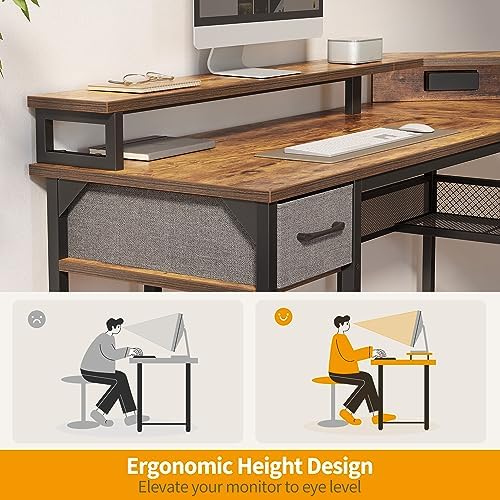 CubiCubi 58" L Shaped Gaming Desk with LED Lights & Power Outlets - Rustic Brown Corner Computer Desk with Storage and Monitor Stand - WoodArtSupply