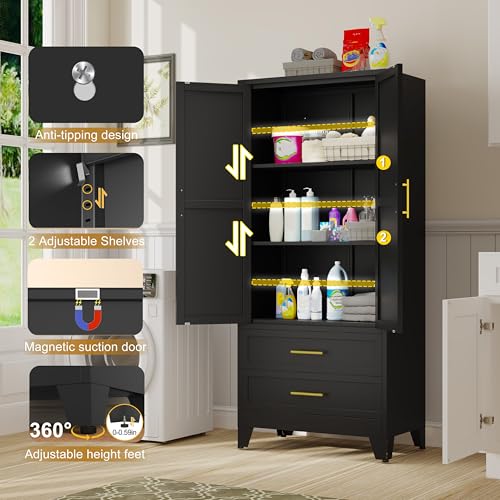 GAIOUS Steel Pantry Cabinet, 71" Metal Storage Cabinets with 2 Doors, 2 Adjustable Shelf and 2 Drawers, Freestanding Storage Cabinet for Bedroom, Kitchen, Home Office (Black) GAIOUS