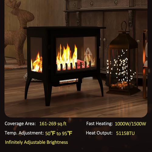 HOMCOM 24" Electric Fireplace Stove, Freestanding Infrared Fire Place Heater with Realistic Logs Flame, Adjustable Temperature, Overheat Protection, 1000W/1500W, Black HOMCOM