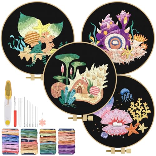 TINDTOP 4 Pack Embroidery Kit for Adult Beginners, Embroidery DIY Starter Kit, with Ocean Shell Stamped Patterns, Hoop, Tools, Colorful Threads with Needles, Instructions