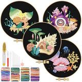 TINDTOP 4 Pack Embroidery Kit for Adult Beginners, Embroidery DIY Starter Kit, with Ocean Shell Stamped Patterns, Hoop, Tools, Colorful Threads with Needles, Instructions