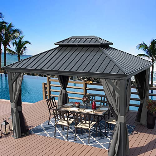 Kozyard Alexander 10' X 12' Hardtop Gazebo, Aluminum Metal Gazebo with Galvanized Steel Double Roof Canopy, Curtain and Netting, Permanent Gazebo Pavilion for Patio, Backyard, Deck, Lawn (Gra - WoodArtSupply