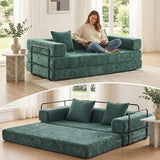 WELAX 77" Convertible Sleeper Sofa Bed, Boneless Cloud Queen Futon Couches with 2 Pillows & Removable Armrests, Chenille Folding Floor Couch No Assembly for Bedroom, Living Room, Green WELAX