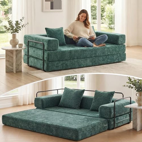 WELAX 77" Convertible Sleeper Sofa Bed, Boneless Cloud Queen Futon Couches with 2 Pillows & Removable Armrests, Chenille Folding Floor Couch No Assembly for Bedroom, Living Room, Green WELAX