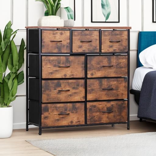 SUPER DEAL Dresser for Bedroom Fabric Dresser Storage Tower Tall Chest Organizer Unit with 9 Drawers for Living Room Nursery Entryway Closets, Steel Frame, Wood Top Rustic Brown SUPER DEAL