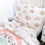 Toddler Bedding Sets for Girls, Rainbow Toddler Crib Bedding Set 4 Piece Pink Floral Toddler Comforter Set Includes Flat Top Sheet, Fitted Sheet, Comforter, Envelope Pillowcase, Soft & Comfort Pea Pod