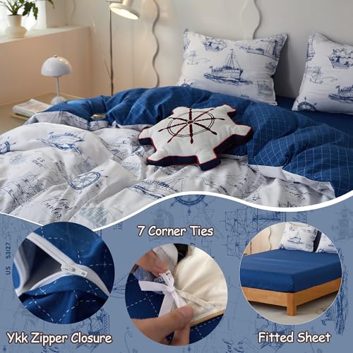 Simple&Opulence 100% Organic Cotton Duvet Cover for Kids Teens,3 Pieces Soft Cartoon Comforter Cover with Zipper Closure, Boys Bedding Set with Sailboat Pattern,Twin Simple&Opulence