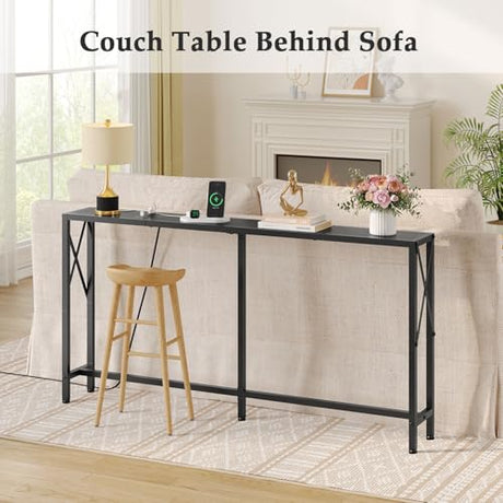 Gewudraw 55.1" Narrow Sofa Table, Console Table with Oulets & USB Ports, Entryway Table, Industrial Couch Table for Hallway, Living Room, Bedroom, 6.5 Feet Power Cord,Black Gewudraw