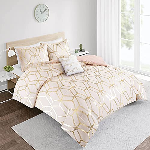 Comfort Spaces Vivian Comforter Set Ultra Soft All Season Lightweight Modern Geometric Glam Metallic Print Bedding, Matching Sham, Decorative Pillow, Full/Queen, Geometric Blush/Gold Comfort Spaces