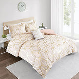 Comfort Spaces Vivian Comforter Set Ultra Soft All Season Lightweight Modern Geometric Glam Metallic Print Bedding, Matching Sham, Decorative Pillow, Full/Queen, Geometric Blush/Gold Comfort Spaces