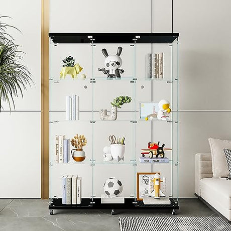 Glass Display Cabinet with 12 Shelves with 3 Columns, 4 Tier Curio Cabinet with Doors, Fast Installation, Floor Standing Tempered Glass Collection Display Showcase for Bedroom, Living Room (Black-A) AONYAYBM