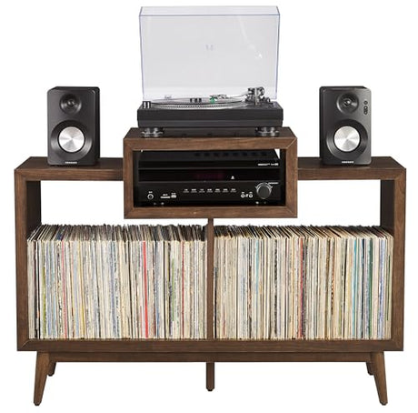 Crosley Furniture Nashville Mid Century Modern Console Record Player Stand, Stores Up to 220 Vinyl Records, Medium, Brown Crosley Furniture