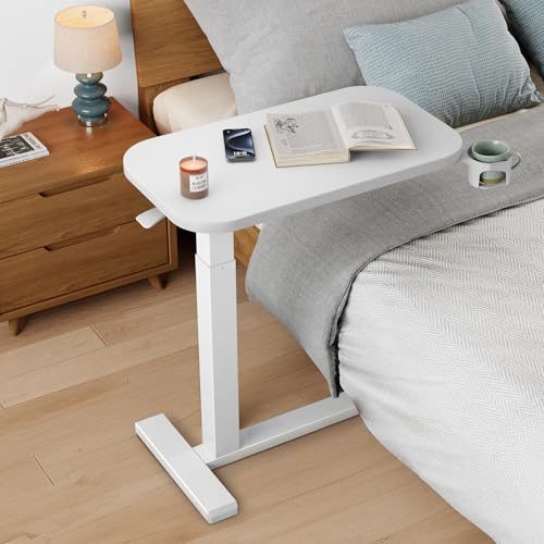 HUANUO 28Inch Bedside Table with Wheels, Height-Adjustable Rolling Computer Cart, Overbed Table with Cup Holder, Pneumatic Laptop Standing Desk for Home Office, White HUANUO