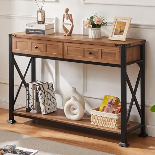 HOMBAZAAR Entryway Table,Rustic Console Table with 2 Drawers, Industrial Console Tables with Storage for Entryway, Hallway, Living Room,Brown,47 Inch HOMBAZAAR