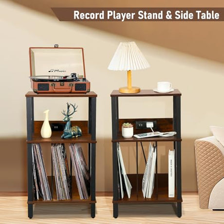 DGSANDGO Retro Record Player Stand with 100-Album Storage - Adjustable Height Turntable Stand, Compact Wooden Vinyl Shelf for Small Apartment/Living Room, Vintage Brown Mid-Century Style DGSANDGO