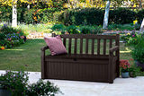Keter Solana 70 Gallon Storage Bench Deck Box for Patio Furniture, Front Porch Decor and Outdoor Seating – Perfect to Store Garden Tools and Pool Toys, Brown/Brown Keter