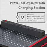 Luffioner Power Tool Organizer Cart with 8 Outlets Charging Station, Tools Storage Cart with DIY Drawer, Wheels, Power Strip, Utility Rack for Power Tools, Batteries, Wrench, Repair Tools (Red) Luffioner