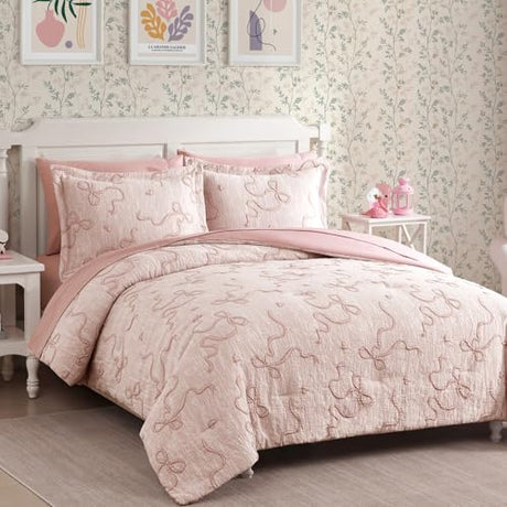 Geniospin Pink Twin Comforter Set for Girls- 5 Pieces Bowknot Jacquard Bed in A Bag Twin Bedding Sets with Sheets, Pillowcases & Shams, All Season Kids Comforter Set Geniospin