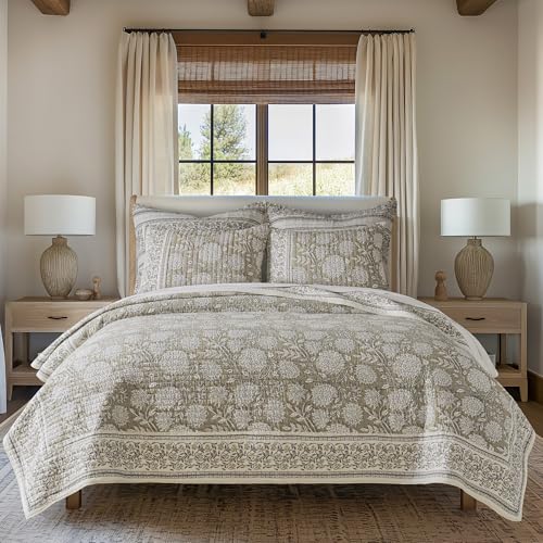 Levtex Home Adare Taupe Reversible Full/Queen Quilt Set (88x92in) and 2 Pillow Shams (26x20in) - Floral Bedding - Taupe White - Cotton Full/Queen Size Quilt Bedding Set - Lightweight, Soft, Pre-Washed Levtex Home