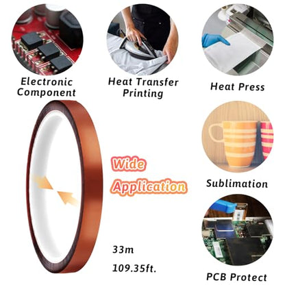 2Roll High Temperature Heat Resistant Tape 10mmx33m(108 ft) Heat Tape for Sublimation Polyimide No Residue Thermal Insulation Shield Tape with Silicone Adhesive for Electronics Soldering Circuit Board