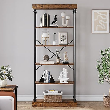 IDEALHOUSE Rustic 6-Tier Industrial Bookshelf with Metal Frame for Stylish Storage and Display - WoodArtSupply