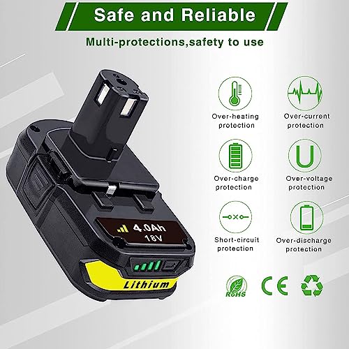 DTK 2Packs 4.0Ah Battery Replacement for Ryobi 18V ONE+ Battery P104 P105 P102 P103 P107 18V Lithium Battery DTK