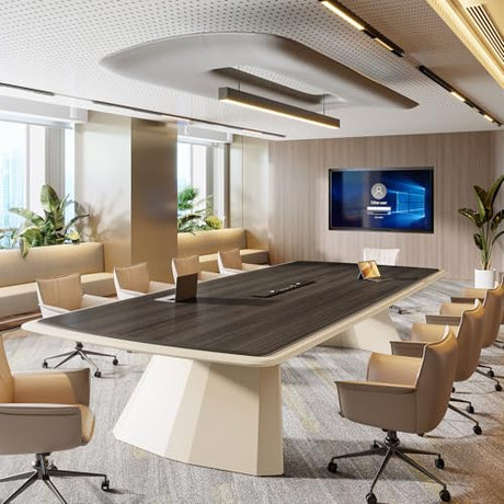 Tribesigns 7.87 ft Extra Long Conference Table for 10-12 People, Large Business Rectangle Meeting Seminar Table with Stainless Steel Base & Recessed Power Strip Socket, Gray + Khaki Tribesigns