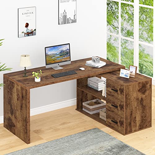 HSH L Shape Home Office Desk with Drawers, L-Shaped Computer Desk with Storage Cabinet Shelves, Wood Executive Desk for Writing Work, Reversible Study Table in Bedroom Living Room, Rustic Brown, 55 In