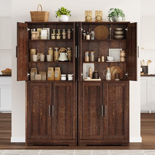 GarveeLife 70" Tall Kitchen Pantry,Farmhouse Storage Cabinet with Adjustable Shelves,Farmhouse Pantry Cabinet with 4 Barn Doors, for Kitchen,Dining Room,Living Room.(Rustic Brown) GarveeLife