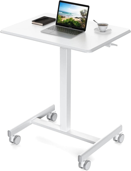 Sweetcrispy Small Mobile Rolling Standing Desk - Overbed Table, Teacher Podium with Wheels, Adjustable Work Table, Rolling Desk Laptop Computer Cart for Home, Office, Classroom - White - WoodArtSupply