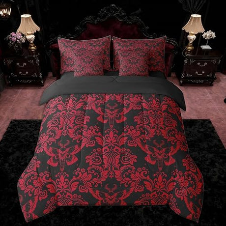 Feelyou Adults Red Vintage Damask Floral Bedding Set Oriental Antique Comforter Set 7 Pieces Comforters Queen Size Gothic Bohemia Boho FlowerGothic Skull Bed in a Bag Feelyou