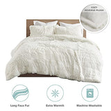 Intelligent Design Malea Shaggy Duvet with Quilted Box Design, Long Faux Fur Comforter Cover Cozy Bedding Set, Matching Shams, (Insert Not Included) Full/Queen, Ivory 3 Piece, 90x90 Intelligent Design