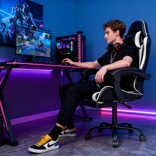 OS MOTOR Gaming Chair with Headrest and Lumbar Support, Ergonomic High Back Office Chair, Racing Style Executive Computer Desk Chair, Leather Adjustable Swivel Task Chair for Home Office (White) OS MOTOR