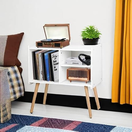 Possile Mid-Century Record Player Stand, Vinyl Record Cabinet Holder with Storage Up to 100 Albums, Record Player Table for Living Room Bedroom Office, Turntable Stand with Wood Legs, White Possile