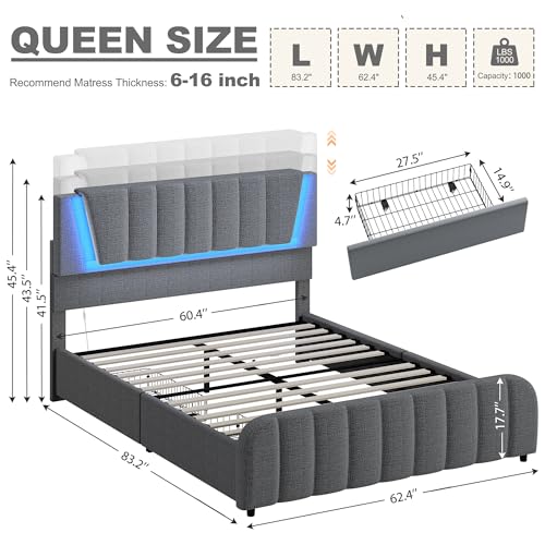 Decofy Queen Size LED Platform Bed Frame with Soft-Glow Mood Lighting & Adjustable Upholstered Headboard, Modern Linen Bed with Storage Drawers, Heavy Duty Metal Support, No Box Spring Needed, Grey Decofy