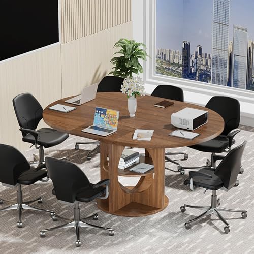 Xyulmeo Extendable Round Conference Table for 4-6, 43-59 Inch Oval Meeting Room Table with Storage, Wood Walnut Circle Table with Leaf, Space Saving, for Office, Conference Room, Boardroom, Seminar Xyulmeo
