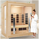 3-4 Person Hybrid Home Wood Sauna, Indoor WiFi Control Far Infrared & Traditional Canadian Hemlock Steam Saunas Spa with Red Light Therapy, 11 Heating Elements & Electric Stove, Accessories, Leftdoor Smartmak