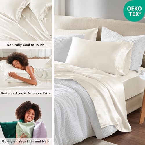 Madison Park Essentials Satin Sheet Set Luxury and Silky with Natural Sheen, Elastic 14" Pocket fits up to 16" Mattress, All Around Elastic - Year-Round Bedding, Full, Ivory, 6 Piece Madison Park