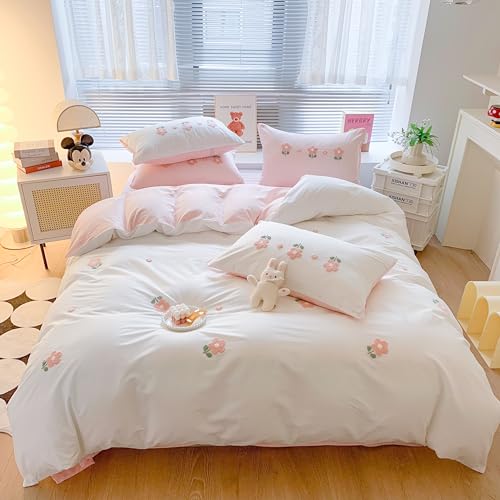 MorroMorn Twin Duvet Cover Cotton, 3D Embroidery Twin Bedding Sets, Cute Chenille Embroidered Comforter Covers Summer Blanket Soft Dry Sweat-Absorb for Girls Kids Teen (Flowers White, Twin/Twin XL) MorroMorn