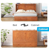 Mjkone Queen Murphy Bed, Modern Foldable Cube Cabinet with Tri-Folding Mattress, 2 Storage Drawers, Murphy Cabinet Beds with Built-in USB Charging Station for Living Room Guest Room Bedroom, Cherry Mjkone