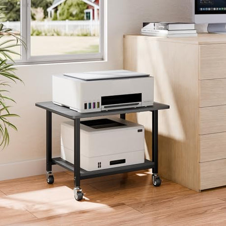 niffgaff Printer Stand with Lockable Wheels, 2-Tier Rolling Printer Cart with Storage Shelf, Compact Wood & Metal Printer Table for Home Office, Black, 20.1'' ×15.4'' ×14.6'' niffgaff