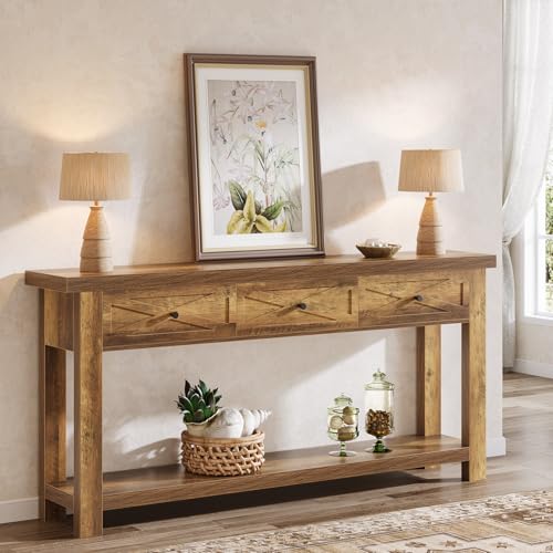 Tribesigns 70.9” Console Table with 3 Drawers, Extra Long Entryway Table for Hallway, Living Room, Narrow Sofa Table Behind Couch with Storage Shelf, Rustic Brown Wood Foyer Furniture Tribesigns