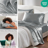 Madison Park Satin Sheets Split King Size, Luxurious Silky Bed Sheets, Elastic 14" Pocket fits up to 16" Mattress, Wrinkle-Free, Soft Satin Bed Sheet Set, Grey 7 Piece Madison Park